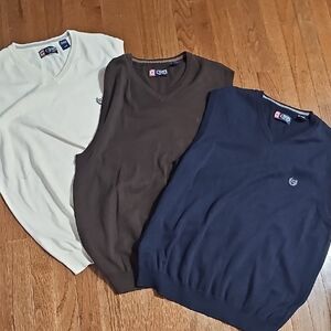 Chaps V-Neck Sweaters Blue and Brown, Cream Classic Knit LOT OF 3